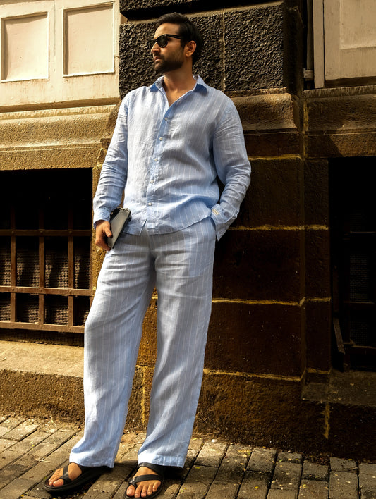 Light Blue Stripe Regular Straight Drawstring Pant