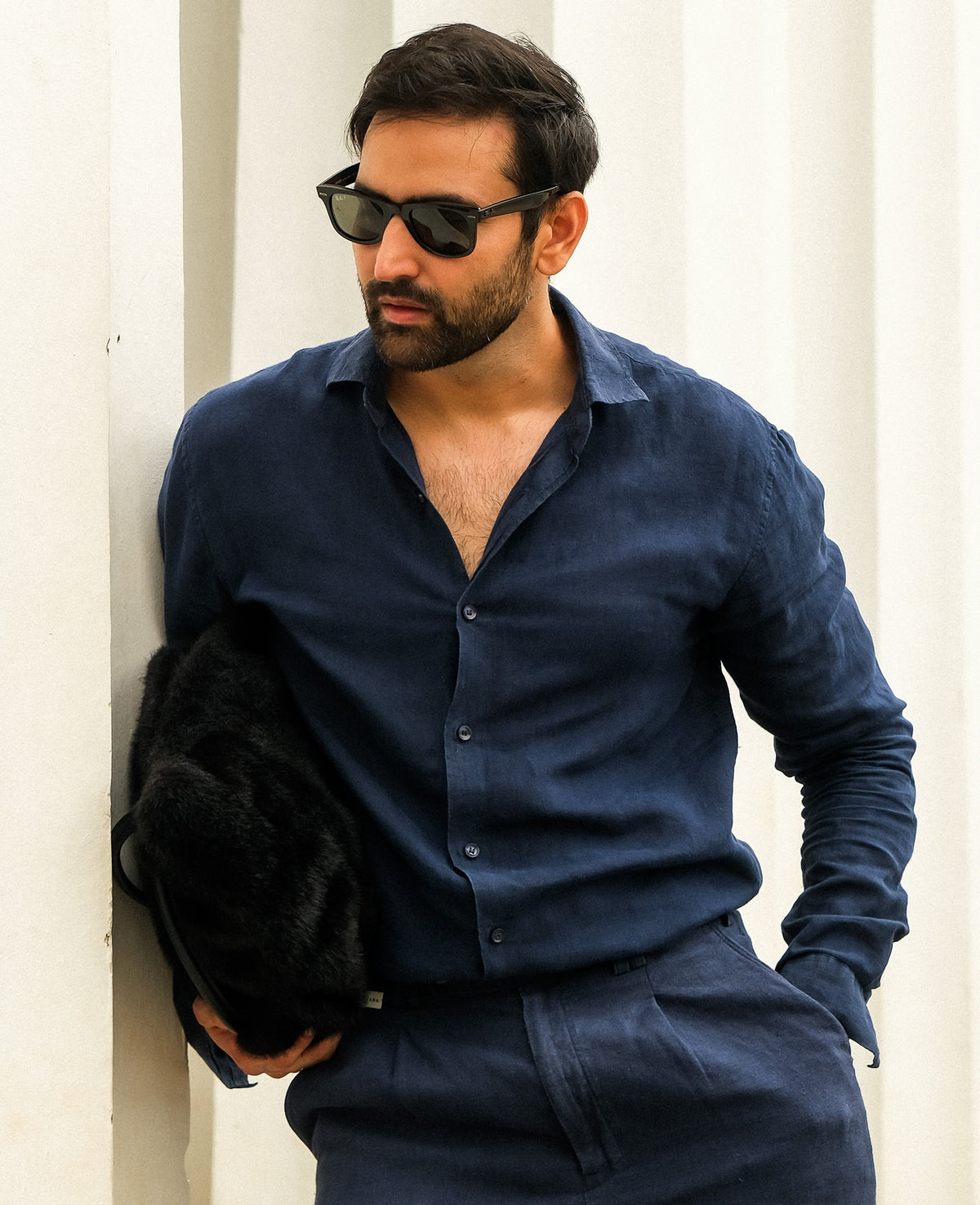 Navy Blue Linen Regular Fit LS Shirt