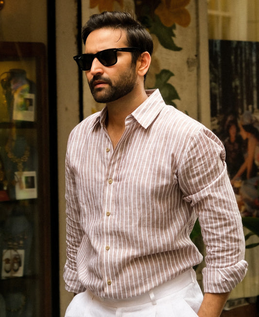 Brown Stripe Regular Fit LS Shirt