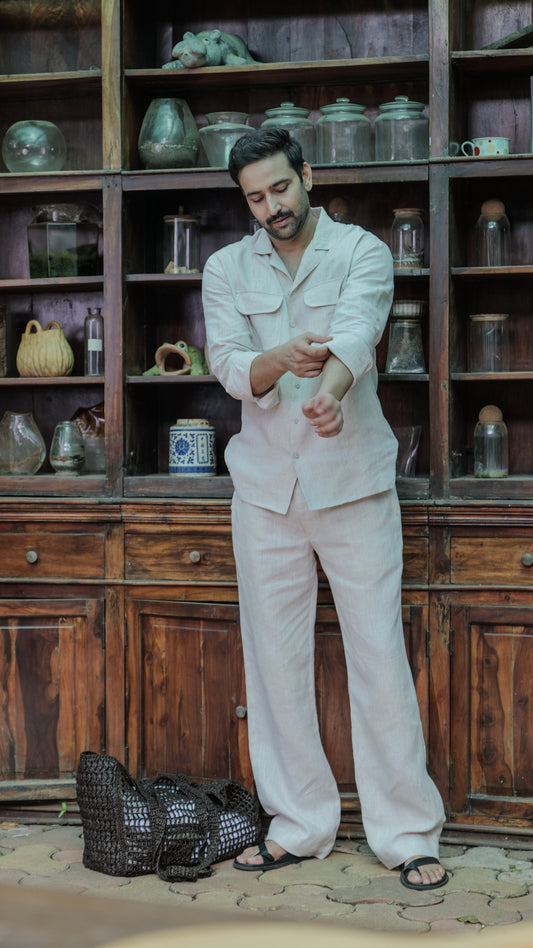 Natural Beige Double Pocket Easy Fit LS Shirt