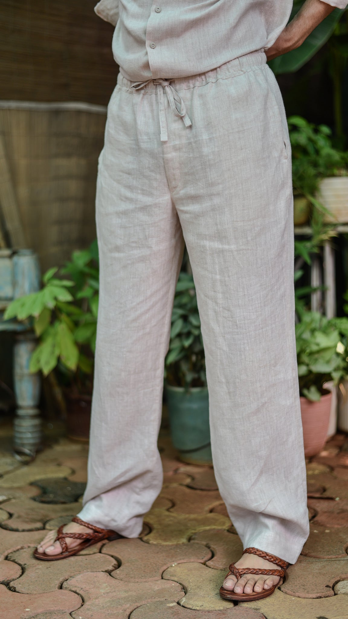 Natural Beige Regular Straight Drawstring Pant