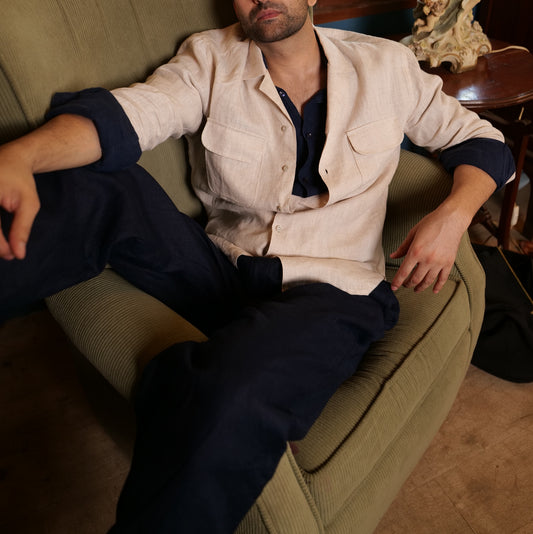 Natural Beige Shirt Navy Blue Pant - Separate set