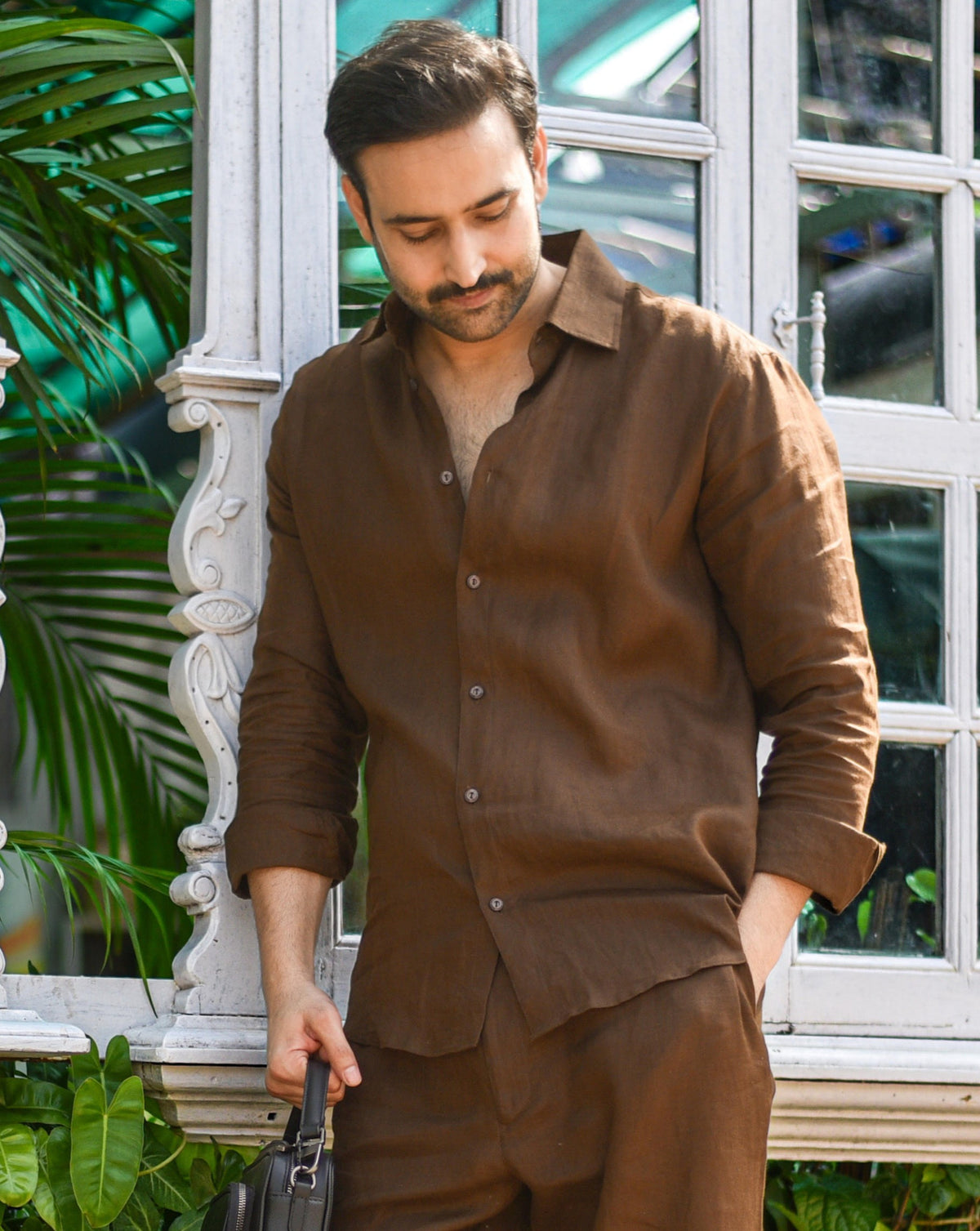 Chocolate Brown Linen Regular fit LS Shirt