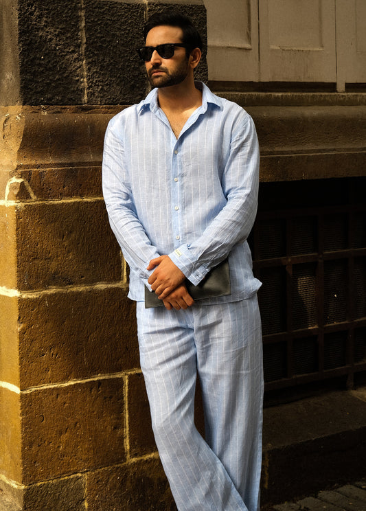 Light Blue Stripe Regular Straight Drawstring Pant