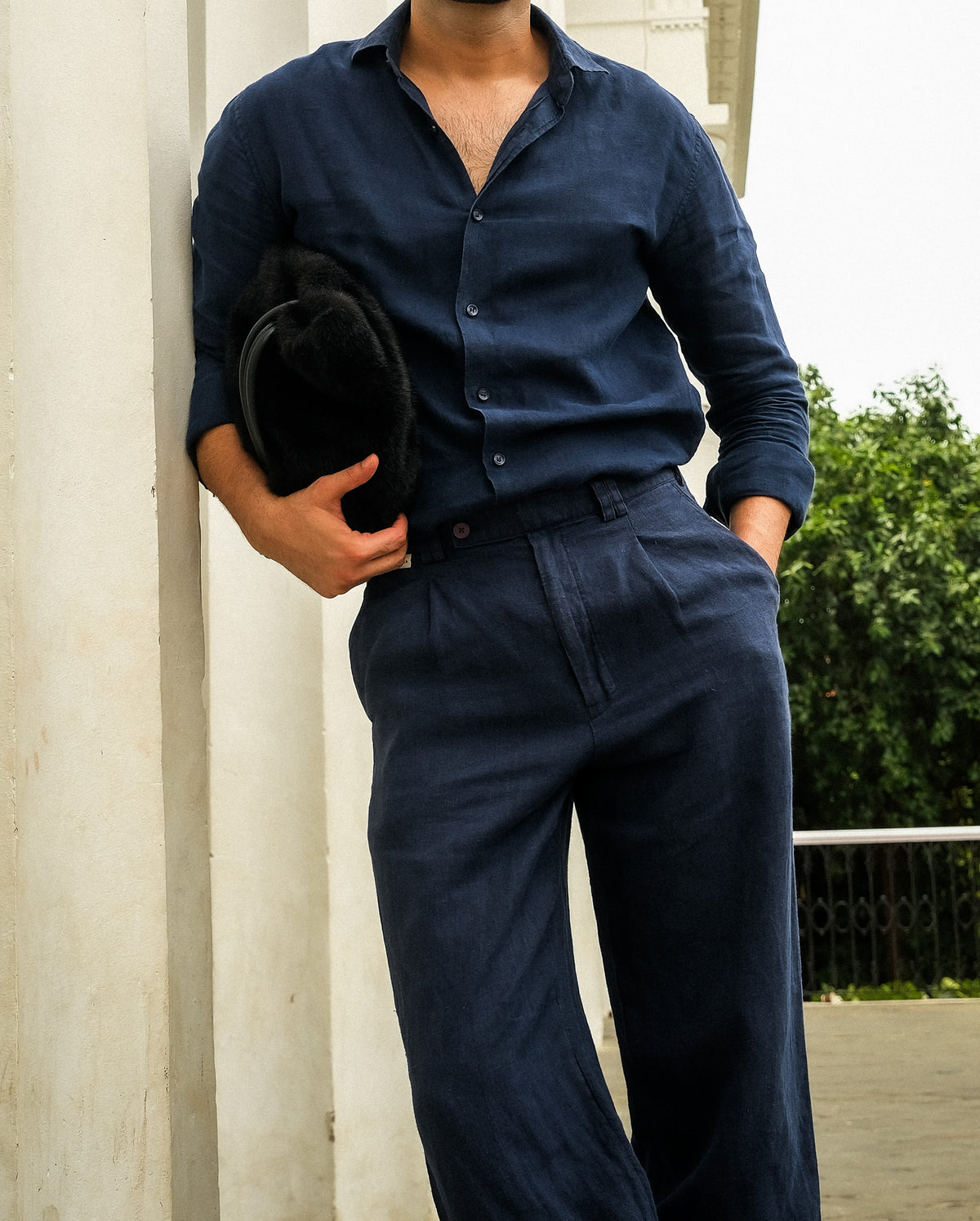 Navy Blue Linen Regular Straight Pant