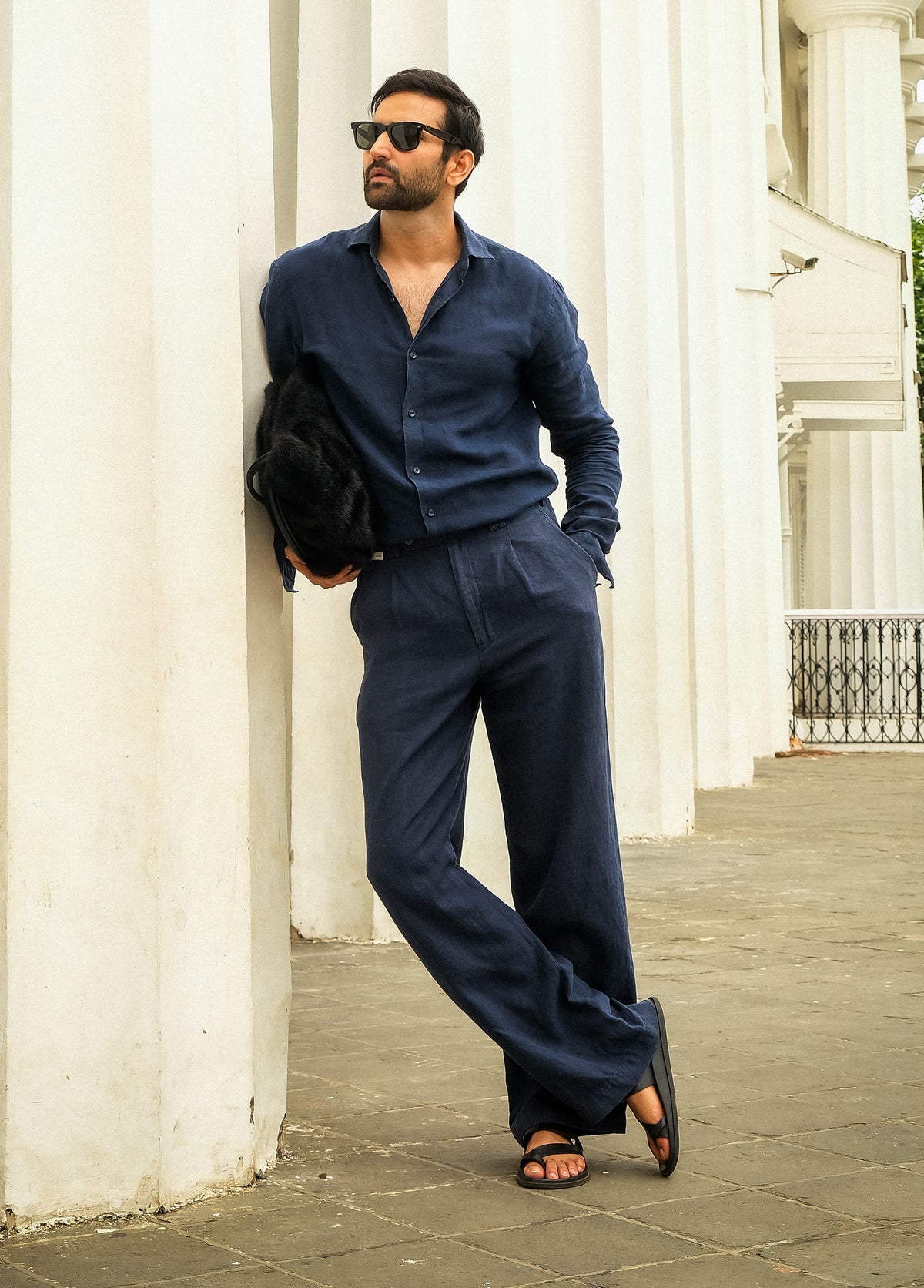 Navy Blue Linen Regular Straight Pant