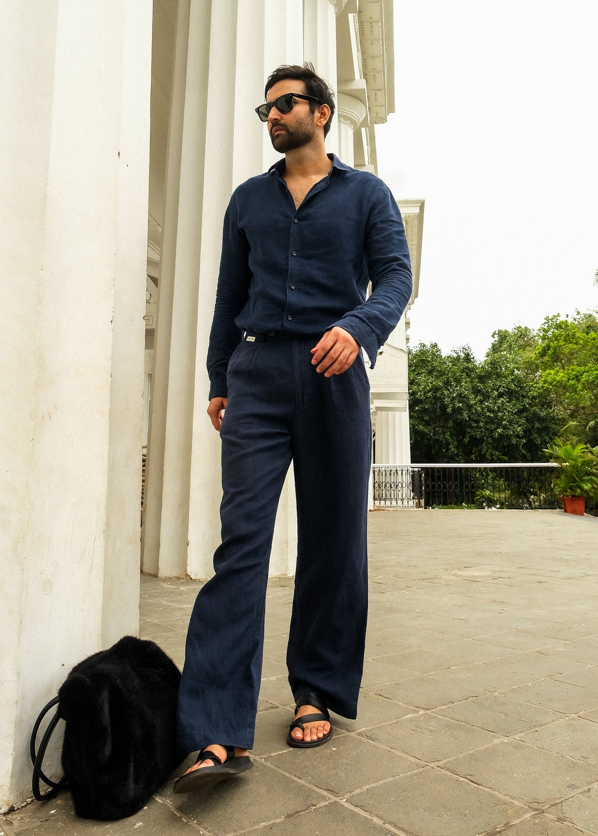 Navy Blue Linen Regular Straight Pant