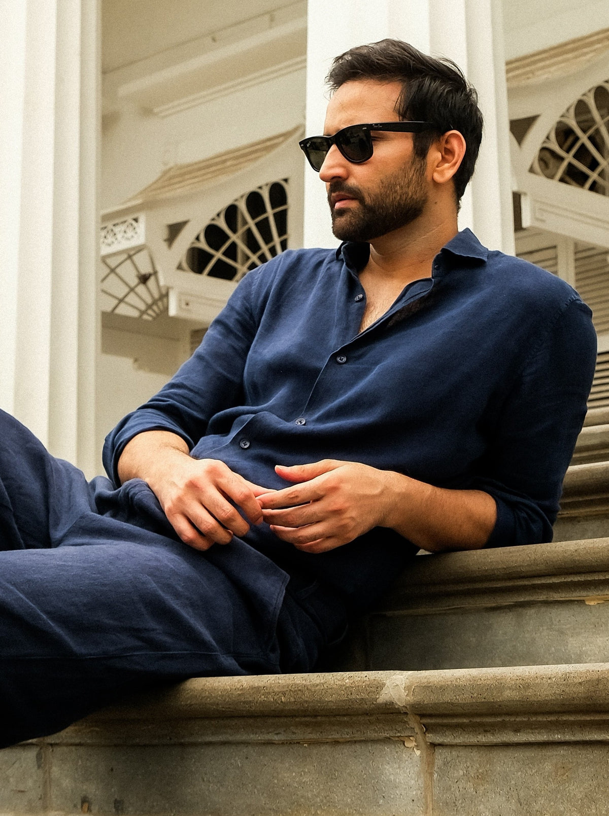 Navy Blue Linen Regular Fit LS Shirt