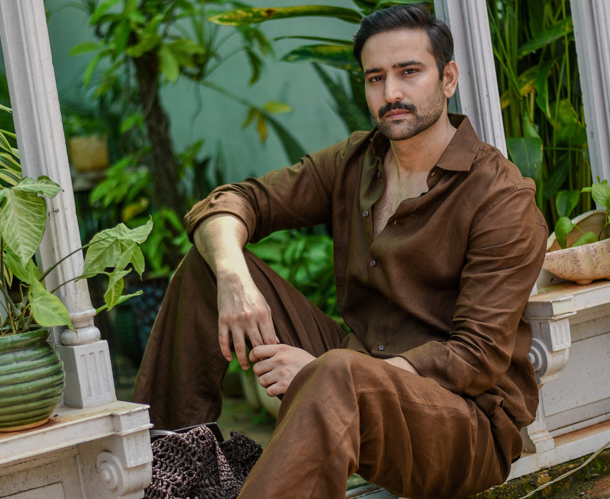 Chocolate Brown Linen Regular fit LS Shirt