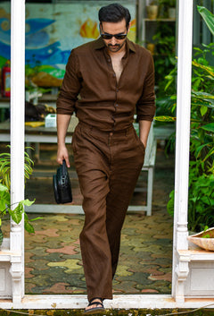 Chocolate Brown Linen Regular fit LS Shirt