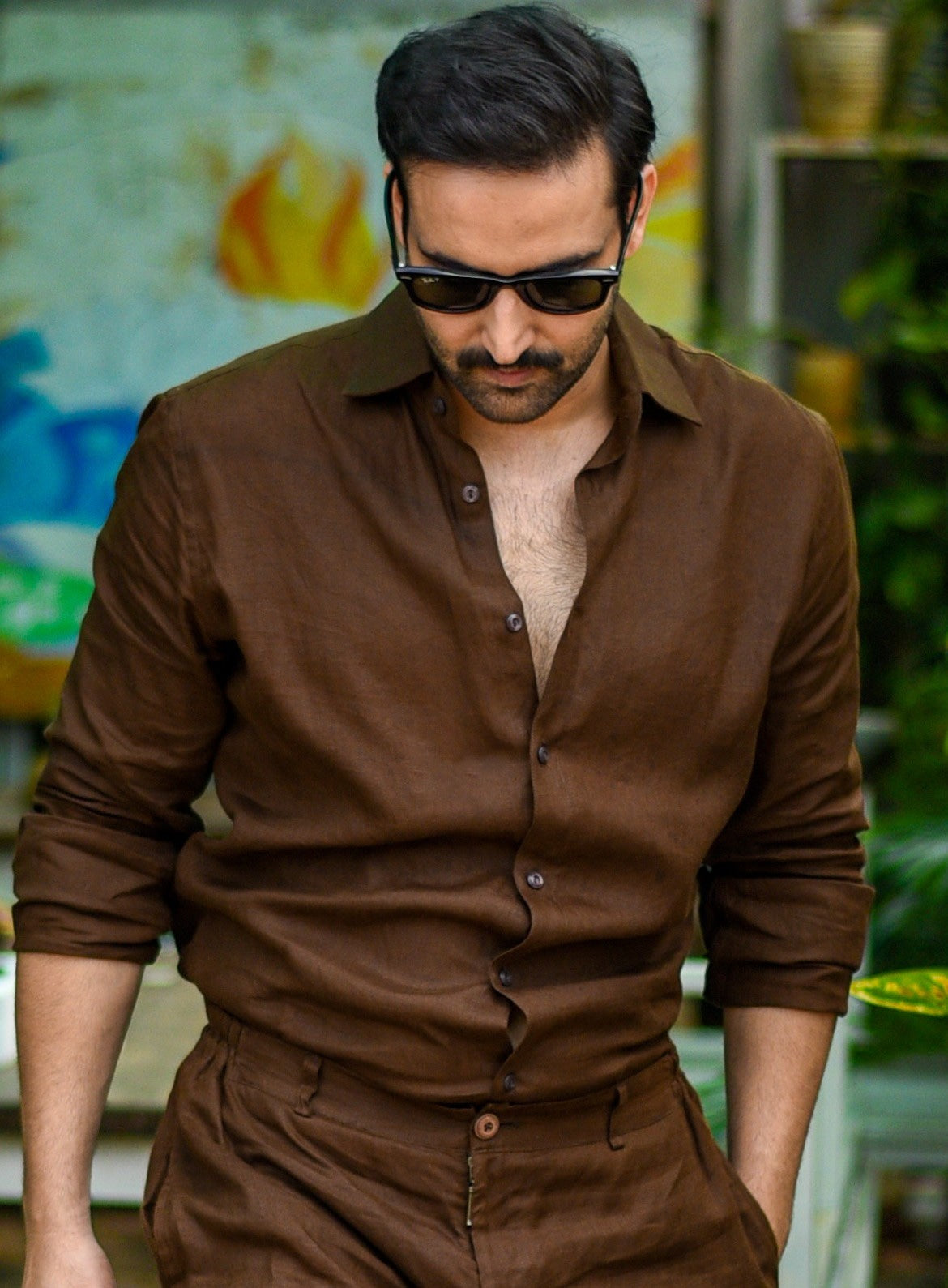 Chocolate Brown Linen Regular fit LS Shirt