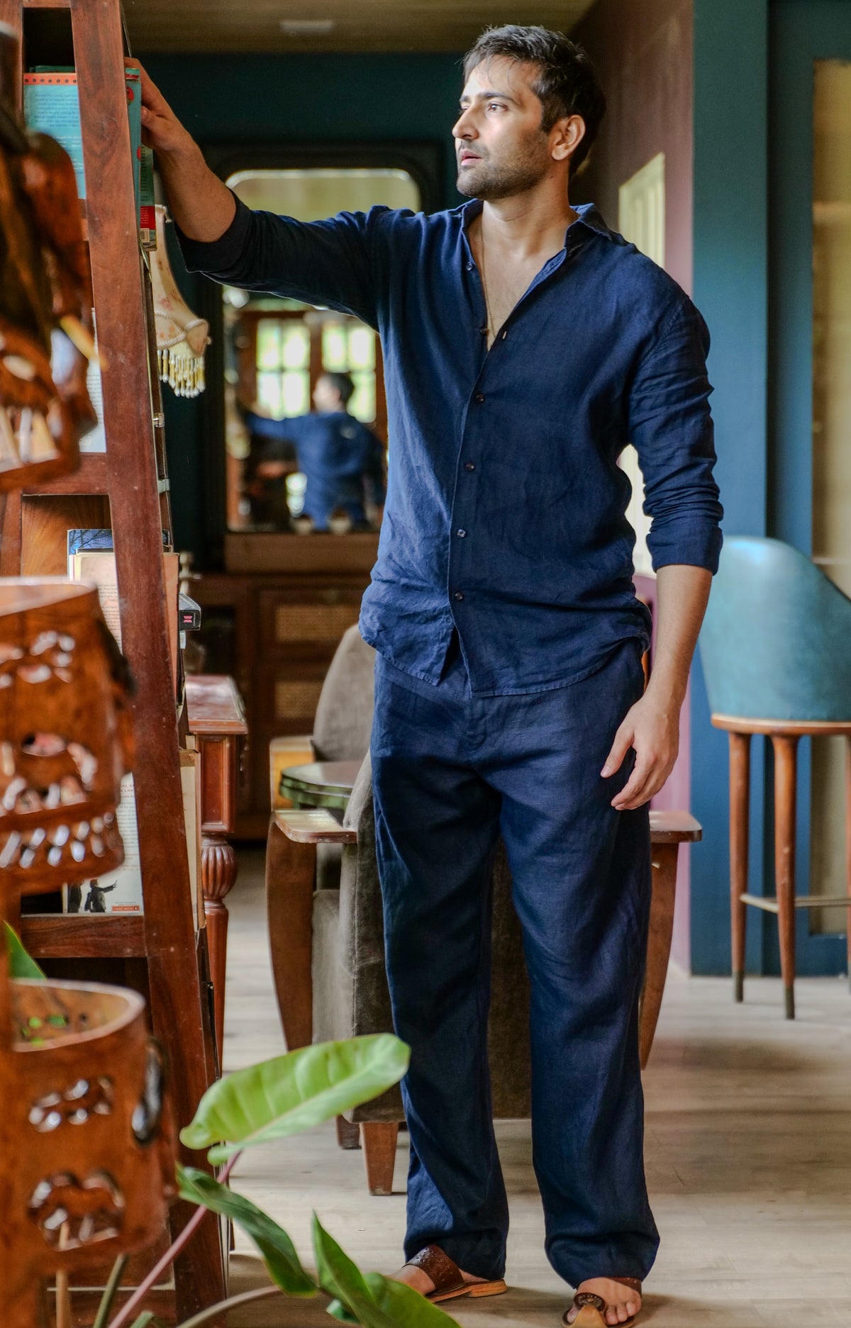 Navy Blue Linen Regular Straight Pant