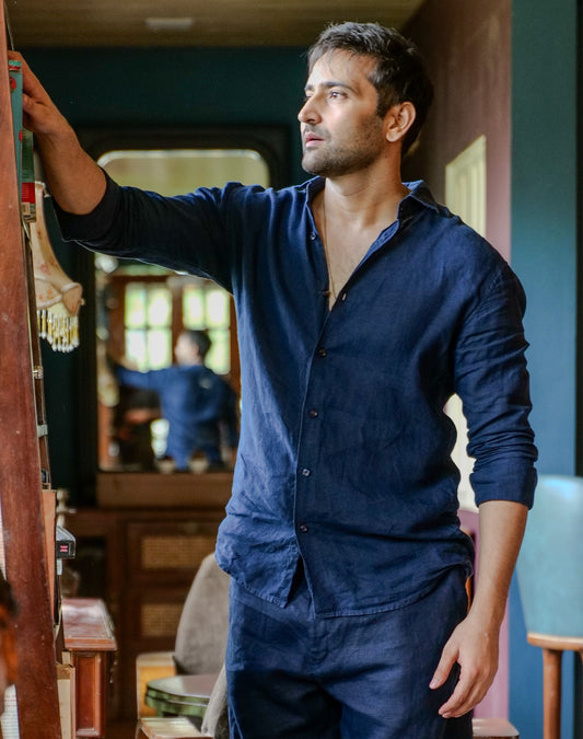 Navy Blue Linen Regular Fit LS Shirt