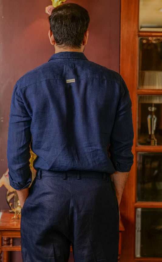 Navy Blue Linen Regular Fit LS Shirt