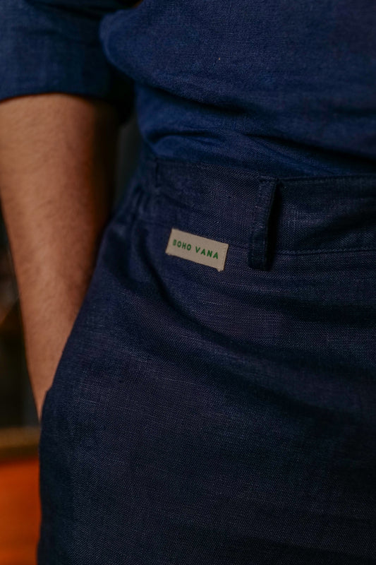 Navy Blue Linen Regular Straight Pant