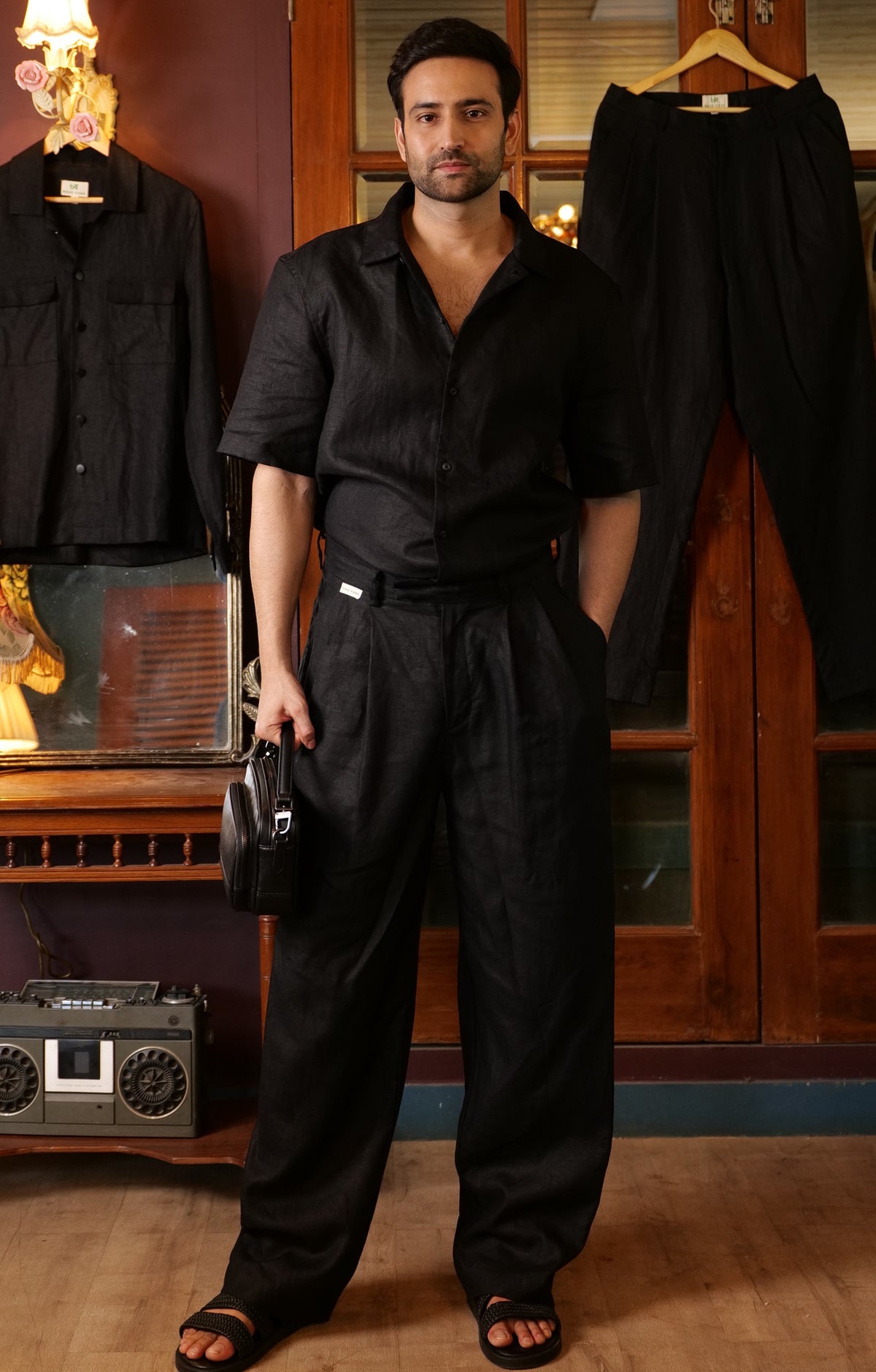 Short Sleeve Black Linen Co-ord Set